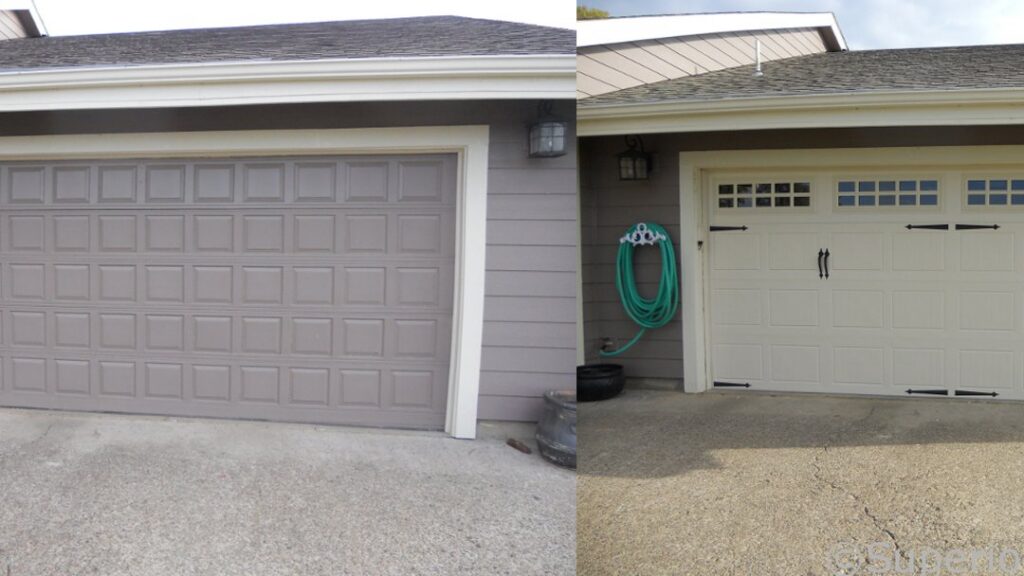 Before and after comparison of a single garage door replacement by Superior Garage Door in Saint Paul, MN, showing a new cream-colored door.