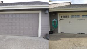 Before and after comparison of a single garage door replacement by Superior Garage Door in Saint Paul, MN, showing a new cream-colored door.