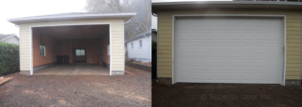 Before and after comparison of a single new garage door installation by Superior Garage Door in Saint Paul, MN, showing a white panel door.