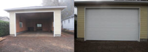 Before and after comparison of a single new garage door installation by Superior Garage Door in Saint Paul, MN, showing a white panel door.