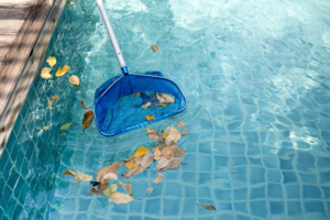 A pool skimmer removing fallen leaves from a residential swimming pool by Pinch A Penny Pool Patio Spa in Mobile, AL.