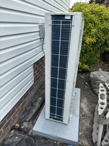 A slim outdoor HVAC unit installed by Miller's Home Comfort-Chesapeake in Chesapeake, VA.