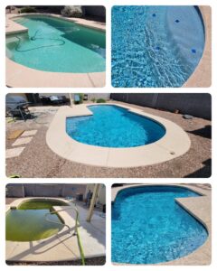 A before and after collage showing a small pool or spa cleaned by East Mesa Pools, LLC in Mesa, AZ.