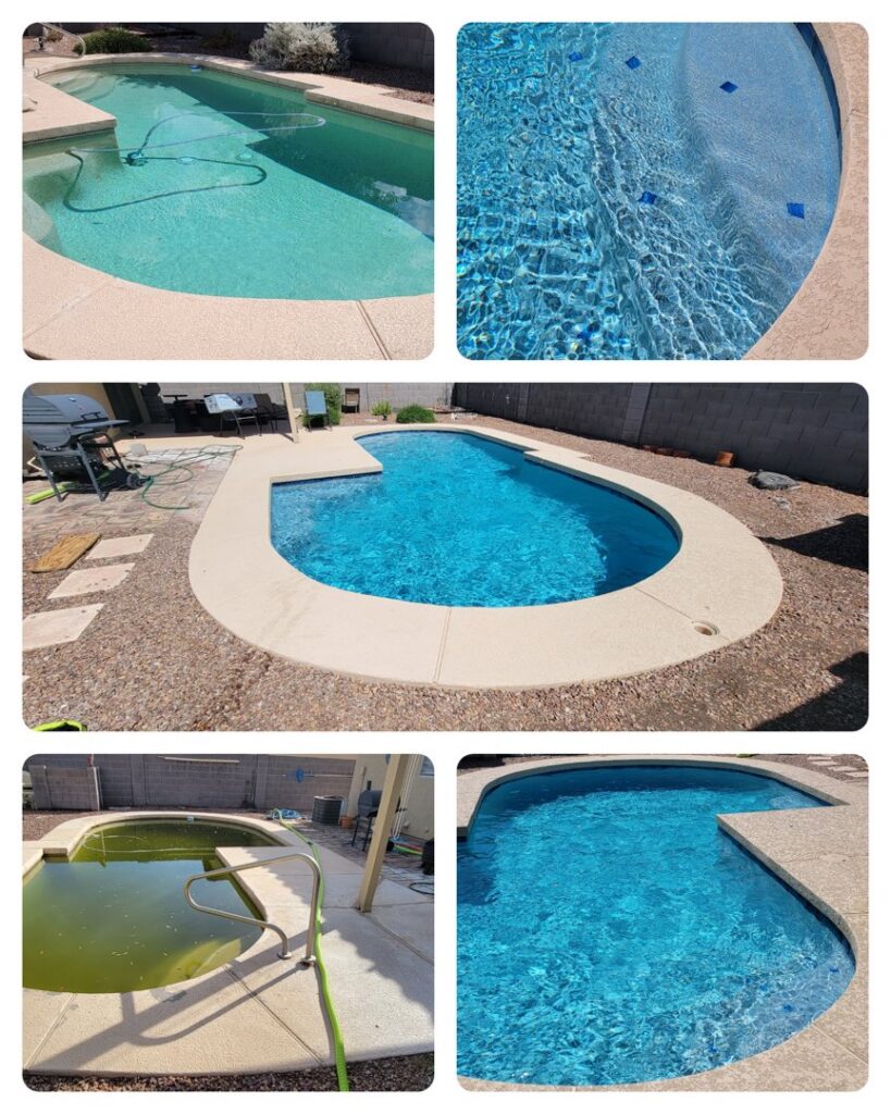 A before and after collage showing a small pool or spa cleaned by East Mesa Pools, LLC in Mesa, AZ.