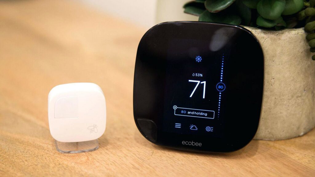 A modern Ecobee smart thermostat and sensor, installed by Anderson Refrigeration, Inc. in Poplar Grove, IL.