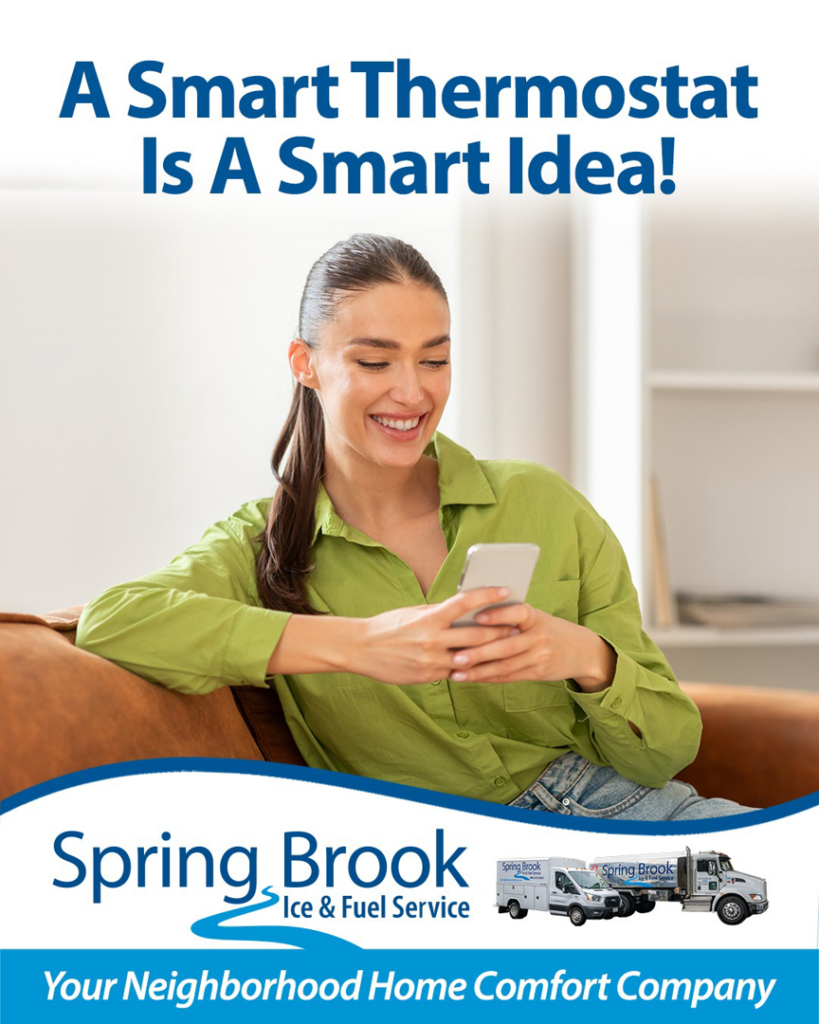 A woman using a smartphone, representing smart thermostat installation services from Spring Brook Ice & Fuel Service in New Britain, CT.
