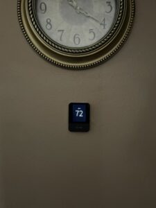 A smart thermostat displaying 72 degrees, installed by Stanton Home Comfort in Fordland, MO.