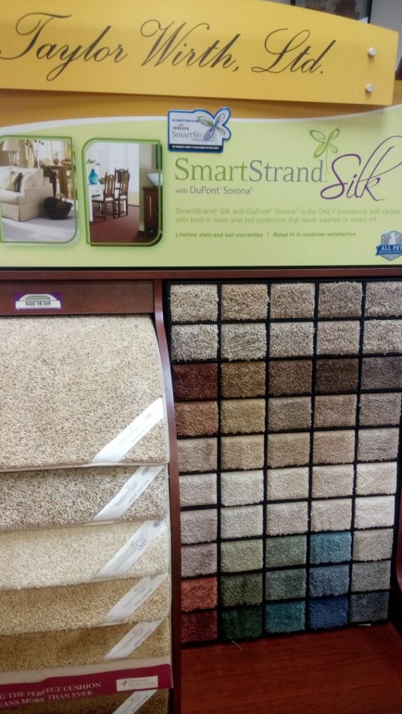 A display of SmartStrand Silk carpet samples by Taylor Wirth, Ltd. at Southwest Floors in Seven Hills, OH.