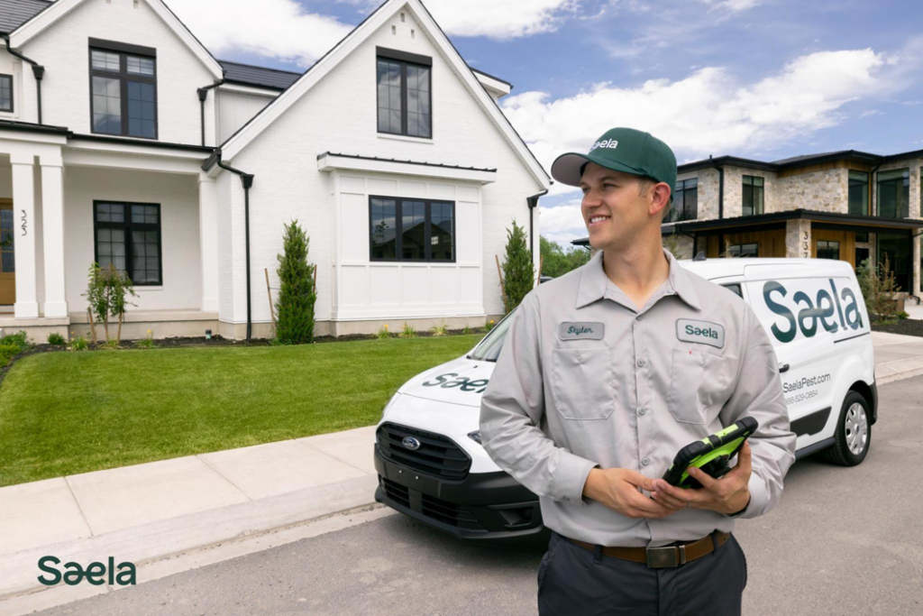 A smiling Saela Pest Control technician holding a device with a company van in Hubbard, OR.