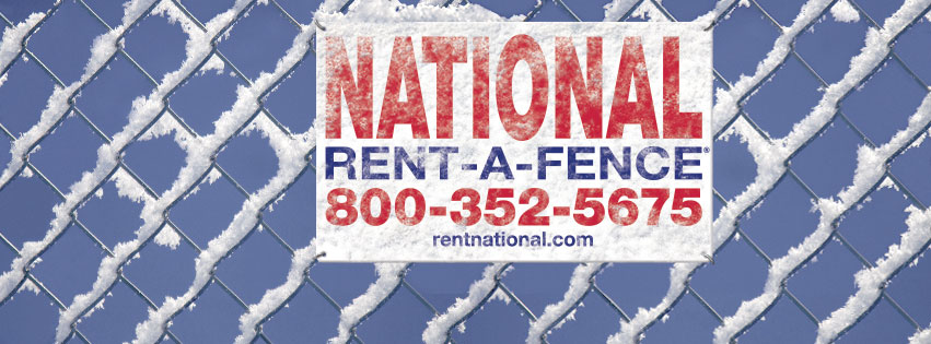 A snow-covered chain-link fence with a "Rent-A-Fence" sign from National Construction Rentals in Las Vegas, NV.