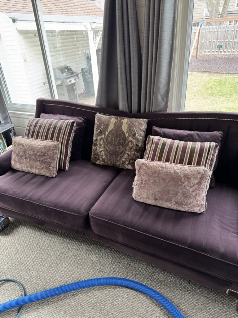 A sofa and carpet being cleaned, with cleaning equipment visible, by 5 Alarm Carpet Care in West Allis, WI.