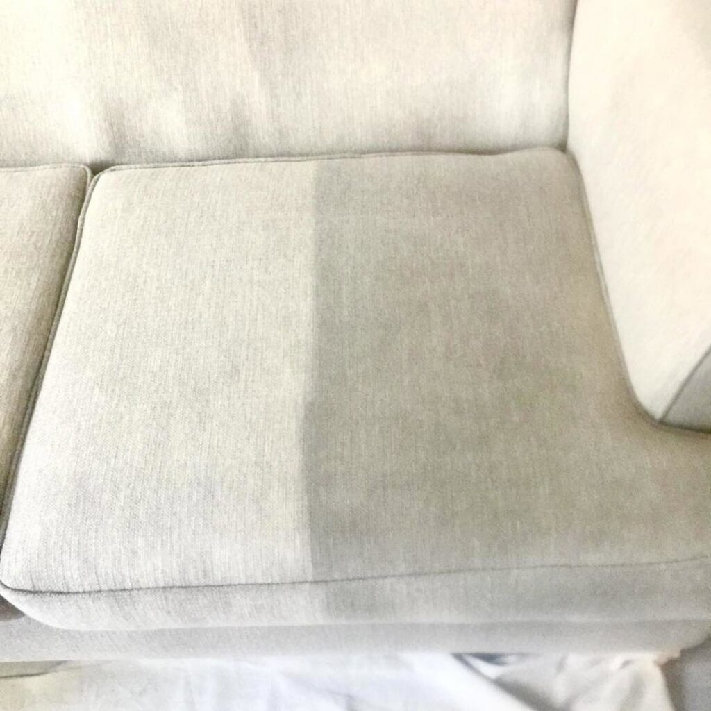 A sofa cushion showing a clear before and after result of upholstery cleaning by Imperial Carpet Cleaning in San Diego, CA.