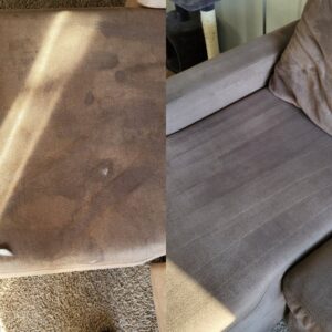 Before and after view of a sofa cushion upholstery cleaning by Superior Carpet Cleaning And Flooring in Dallas, TX