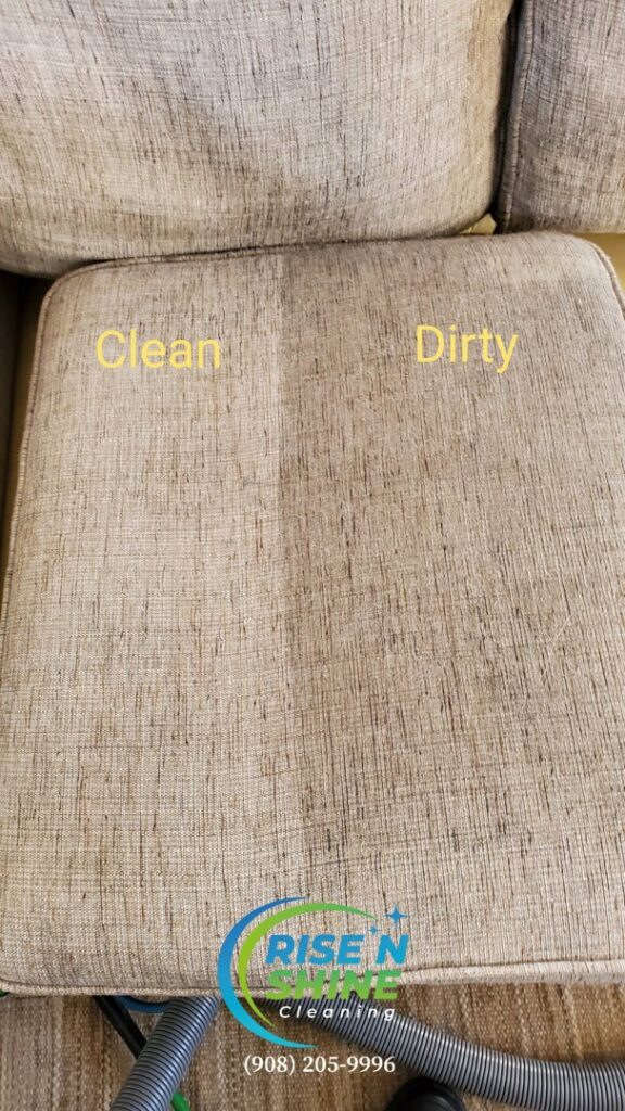 Before and after comparison of a sofa cushion upholstery cleaning by Rise N Shine Cleaning in San Antonio, TX