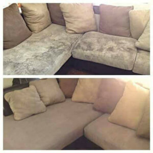Before and after comparison of a sofa cushion showing successful upholstery cleaning by Get Green Carpet Cleaning CT in West Hartford, CT.