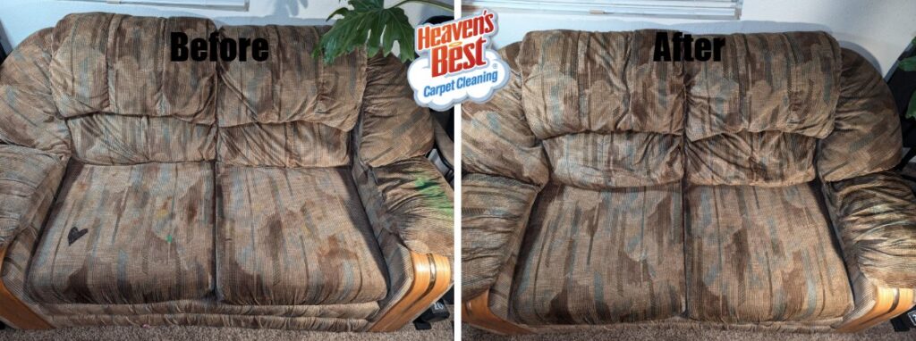 Before and after comparison of a professionally cleaned sofa upholstery by Heaven's Best Carpet Cleaning of Rio Rancho ABQ.
