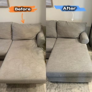 Before and after comparison of a sofa chaise lounge cleaned by Purli in San Diego, CA.