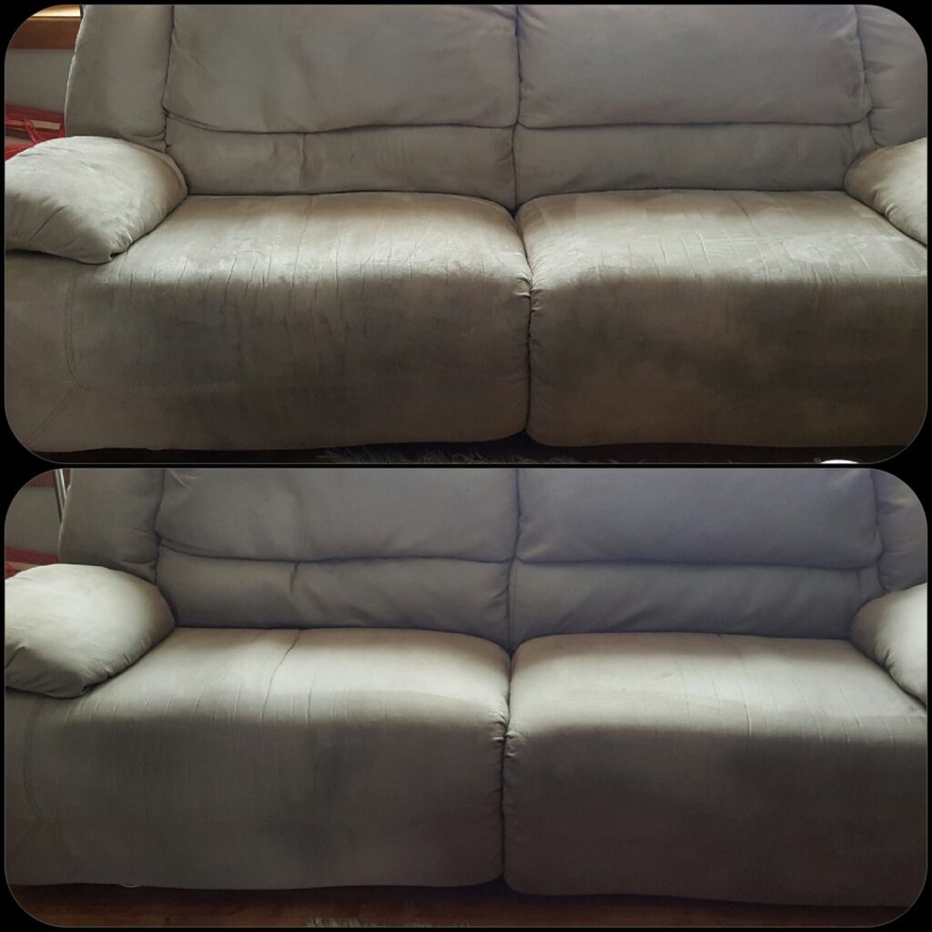 Before and after cleaning of a light gray sofa upholstery by Troy West Carpet Cleaning in Morristown, VT.
