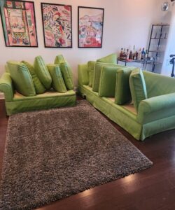 Sofas with cushions stacked and an area rug on a hard floor, ready for cleaning by Pure Steam Carpet Cleaning in Nashville, TN