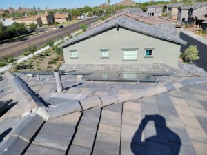 Mesh professionally installed around solar panels on a roof for pigeon exclusion by Pigeon Problem Solvers, LLC in Scottsdale, AZ.