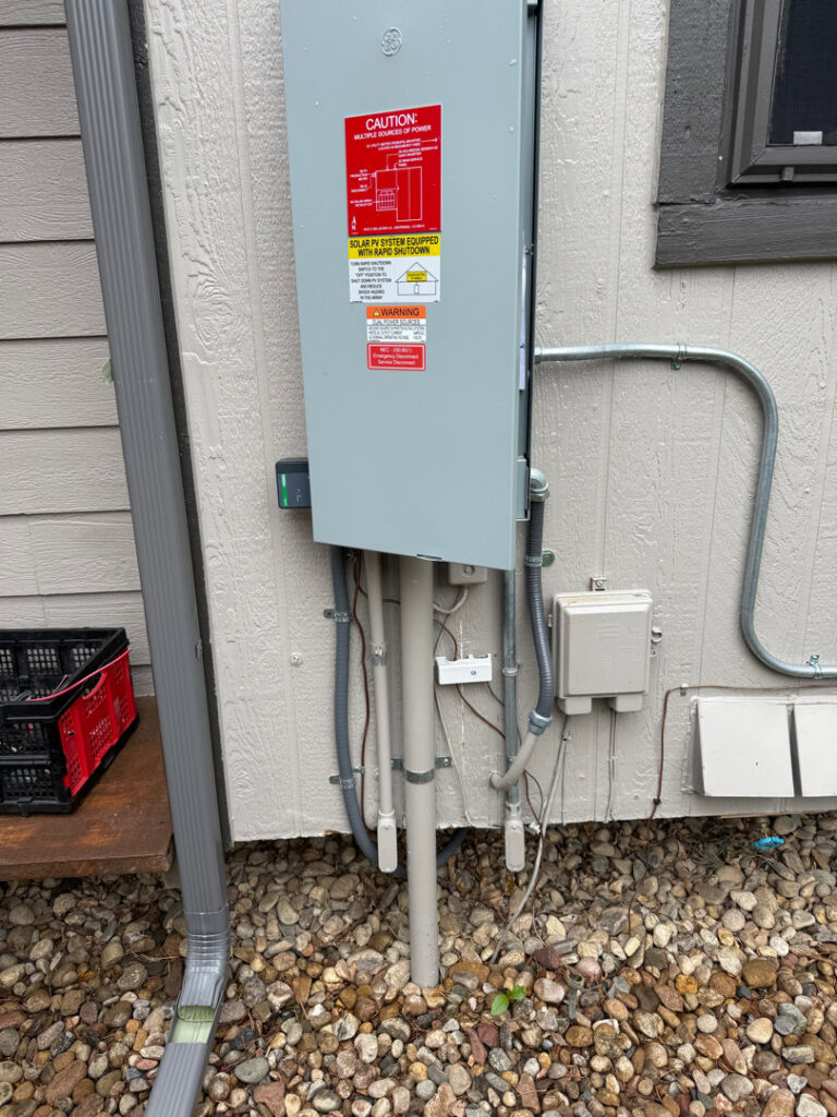 An outdoor electrical panel for a solar PV system installation by Next Level Pros in Lakewood, CO.