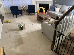 A spacious living room featuring a new light-colored carpet installed by NPN Flooring in Brookfield, IL.
