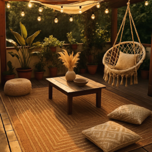 A spacious outdoor lounge area with a large woven rug, hanging chair, and string lights by Adiva Rugs in Chicago, IL.