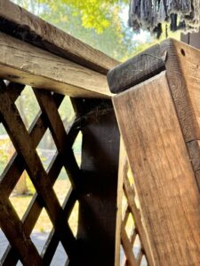 Extensive spiderwebs on a wooden trellis, indicating pest activity for EcoShield Pest Solutions Fort Worth, TX.