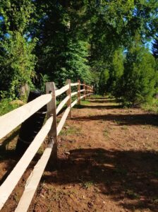 A rustic split rail fence winding through a lush green wooded area by Concord Fence Llc in Wilmington, DE