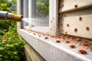 A pest control professional spraying an infestation of red bugs on house siding and a window sill by The Bug Man in Ankeny, IA.