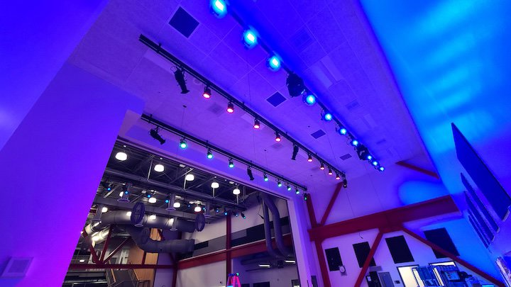 Vibrant stage lighting and track lights installed in a performance space by Premier Electric LLC in Palmer, AK.