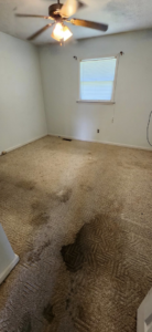 A stained bedroom carpet before professional cleaning by Top Notch Cleaning, LLC in Bensalem, PA.