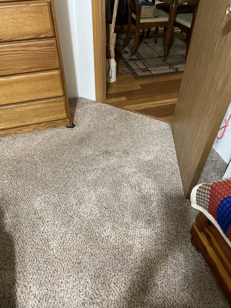 A stained carpet near a doorway, showing an area needing professional cleaning by Clean-Master in Coeur d'Alene, ID.