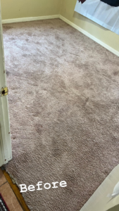 A stained carpet showing dirt and wear before deep cleaning by D&H Anytime Carpet Cleaning LLC in Mobile, AL.