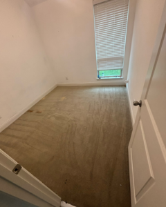 A room with stained and dirty carpet before treatment by Stain Punishers Carpet Cleaning in Plano, TX.