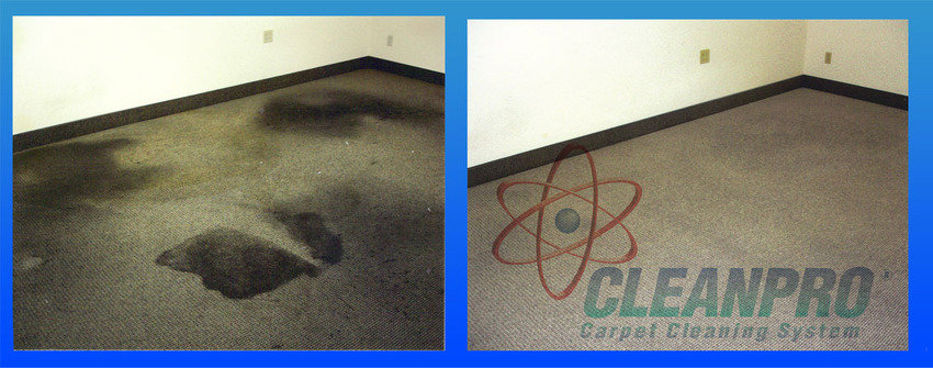 Before and after comparison of a heavily stained carpet professionally cleaned by Denver Cleanpro in Aurora, CO