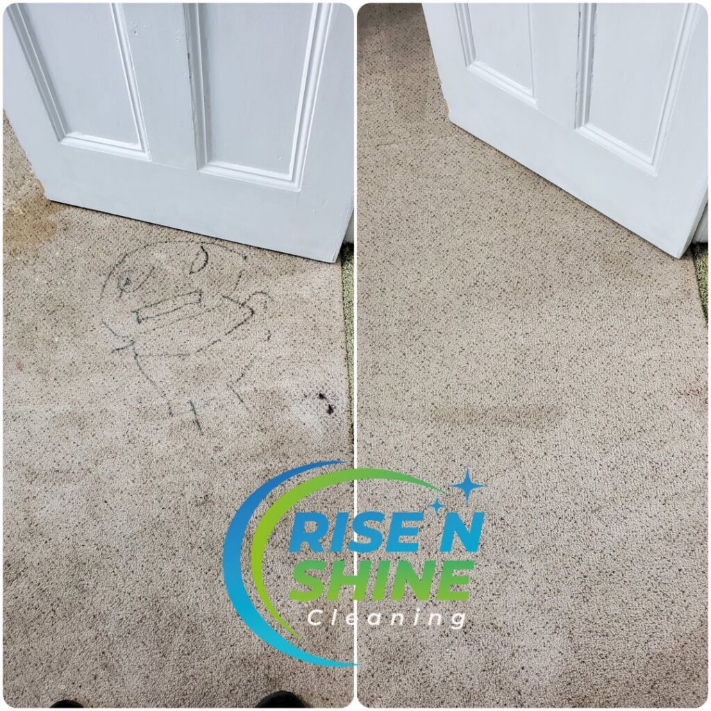 Before and after cleaning of a heavily stained carpet by Rise N Shine Cleaning in San Antonio, TX