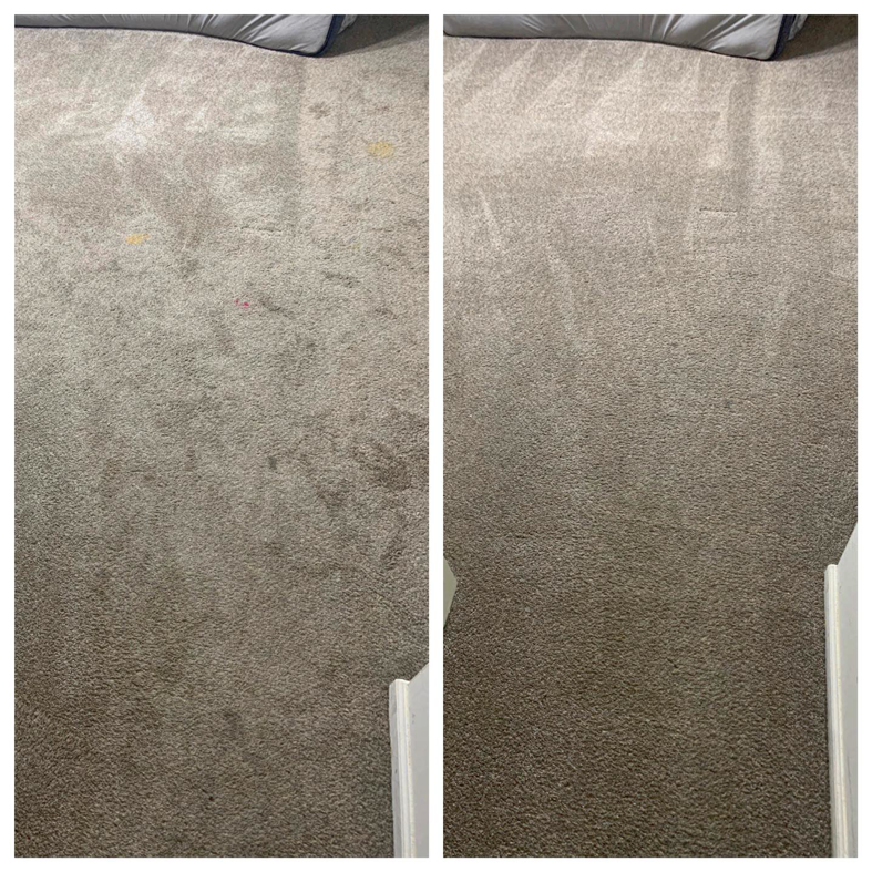 Impressive before and after results of stained carpet cleaning by 843Steamers in Summerville, SC.