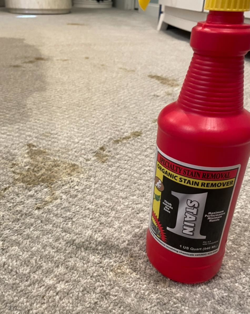 Stained carpet with organic stain remover bottle, ready for cleaning by Dirt Blasters Carpet Cleaning Inc. in Atlanta, GA