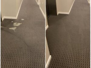 Before and after cleaning of a heavily stained hallway carpet by Professional Carpet Care Laurel in Laurel, MD