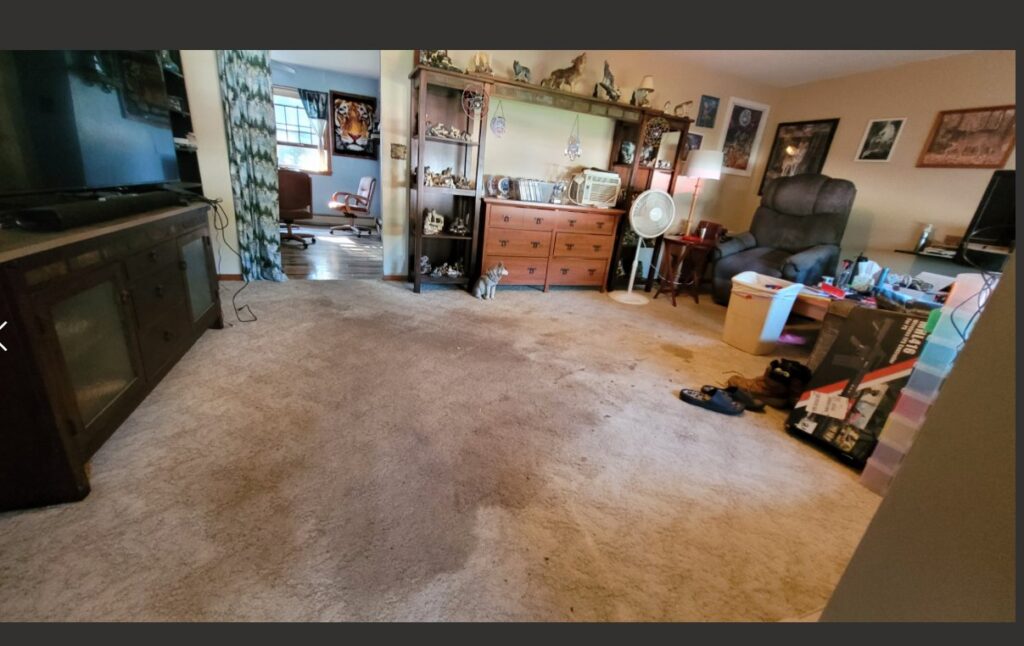 Stained residential carpet in a living room before replacement by LaValle Flooring Inc - Jamestown, ND