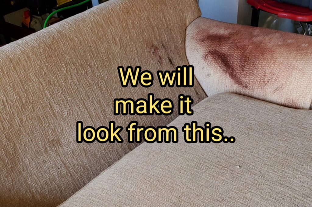 A heavily stained sofa upholstery before cleaning by Rise N Shine Cleaning in San Antonio, TX