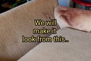A heavily stained sofa upholstery before cleaning by Rise N Shine Cleaning in San Antonio, TX