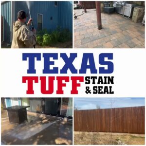 A collage featuring a stained wood fence and pressure washing services by Texas Tuff Stain and Seal in Fort Worth, TX.