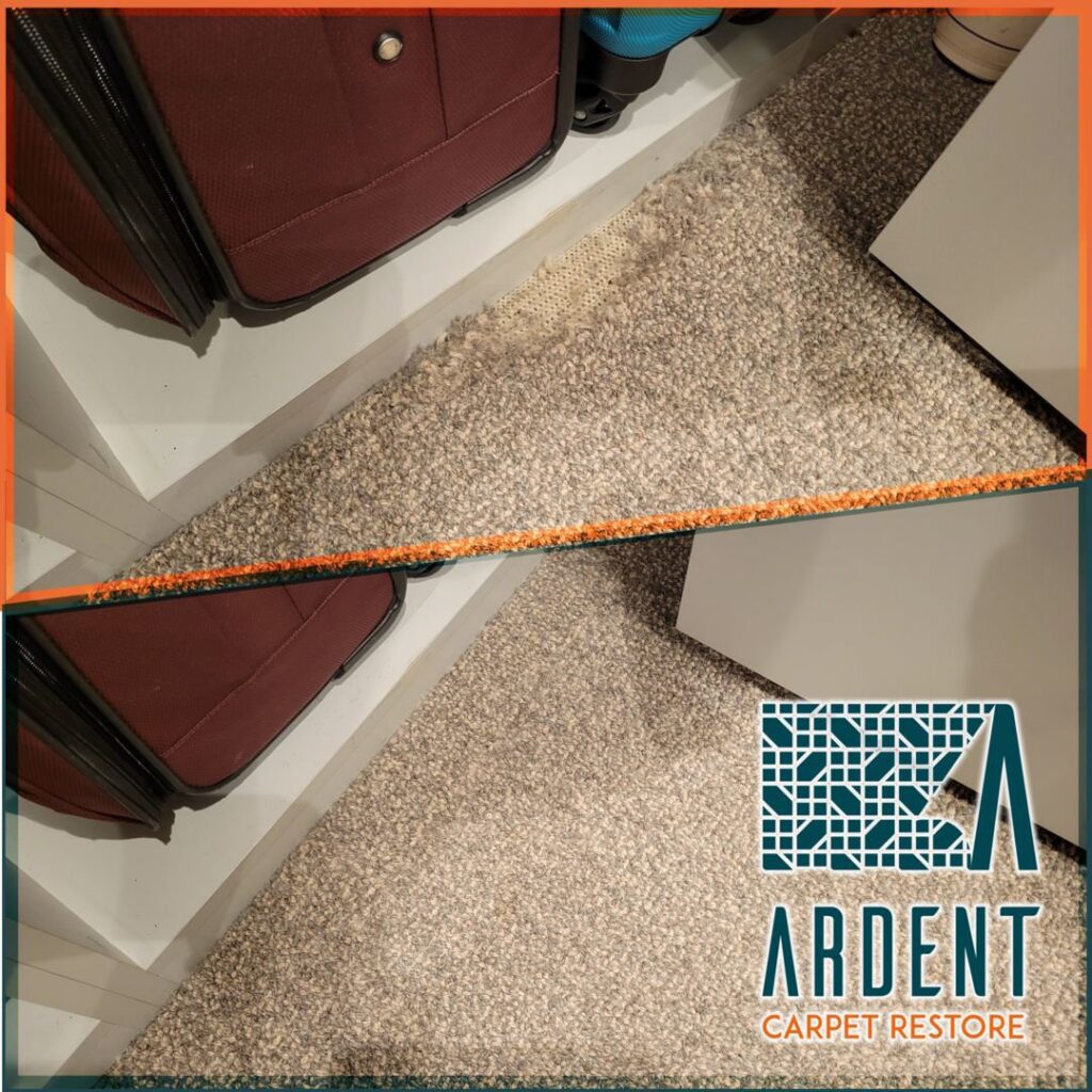 Before and after view of stair carpet cleaning, showing dirty stairs and then clean stairs by Ardent Carpet Restore in Sacramento, CA.