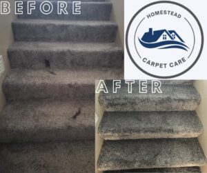 Before and after photos of carpeted stairs professionally cleaned by Homestead Carpet Care in Rapid City, SD.