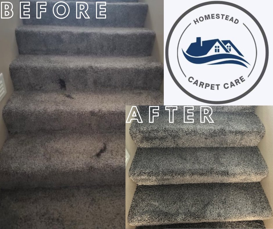 Before and after photos of carpeted stairs professionally cleaned by Homestead Carpet Care in Rapid City, SD.