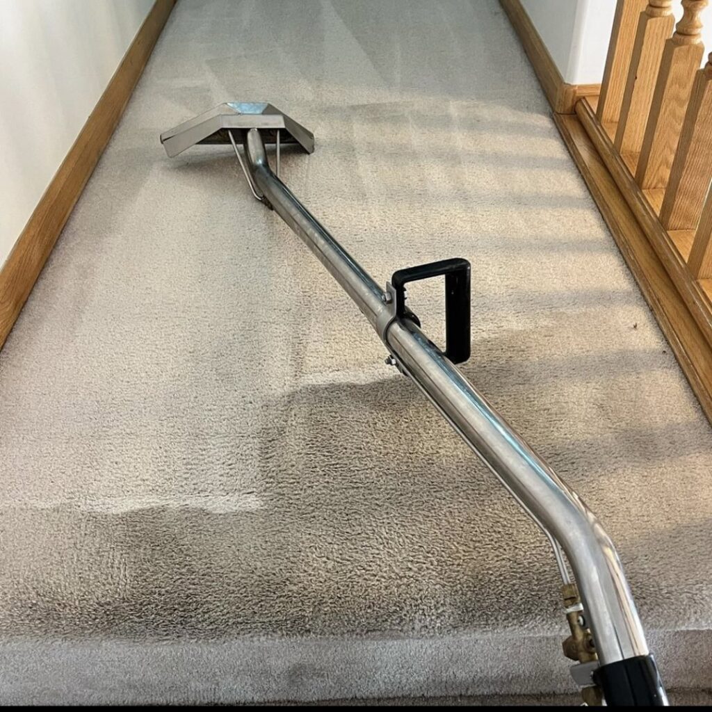Stair carpet cleaning in progress, showing a clean path next to a dirty section by Done Right Carpet Cleaning Omaha, NE.