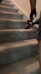 A BeClean professional in Charlotte, NC, meticulously cleaning carpeted stairs with a specialized tool.