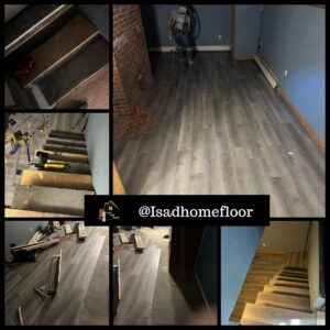 A collage showing the renovation of stairs with new laminate or vinyl plank flooring by Isad Home Floor in Bridgeport, CT.